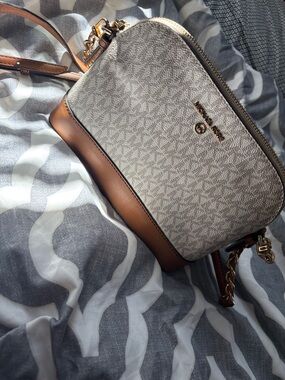Michael Kors Beige Signature and Brown Leather Crossbody